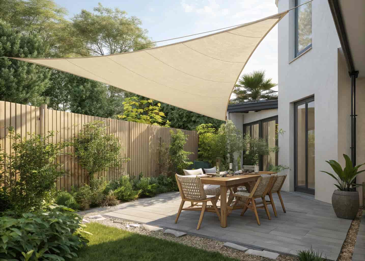 Backyard outdoor dining area under a beige triangle shade sail, sunny day, simple wooden table and chairs, green garden plants surrounding the space.