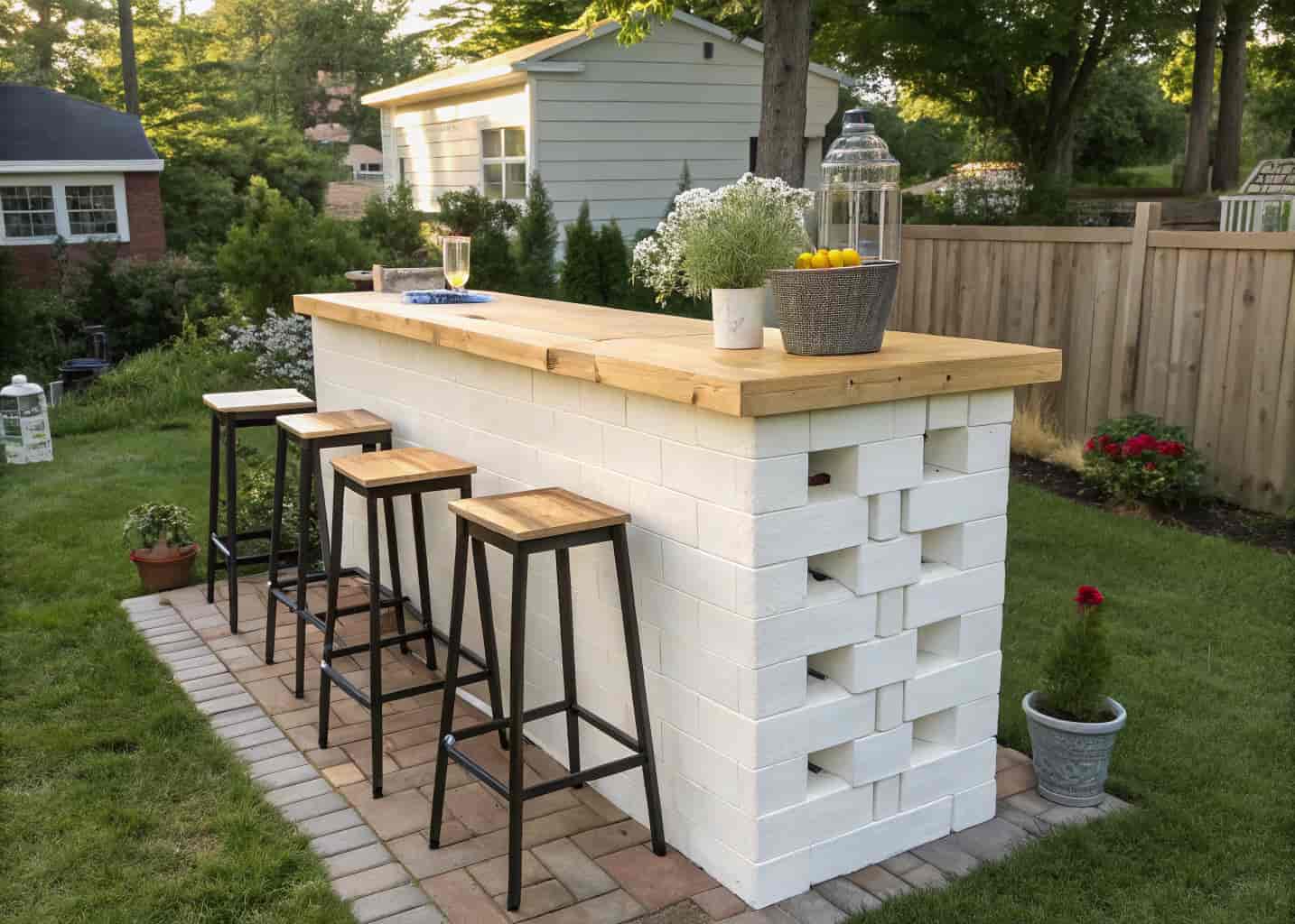 DIY cinder block outdoor bar with a wooden plank countertop, white painted blocks, bar stools, backyard garden setting, bright daytime photo.