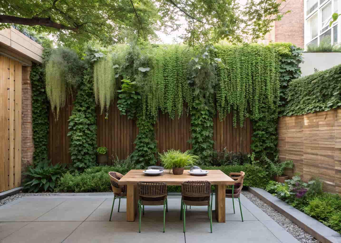 Lush vertical green plant wall behind an outdoor dining table, herbs and trailing plants, wooden fence base, natural garden backyard aesthetic.