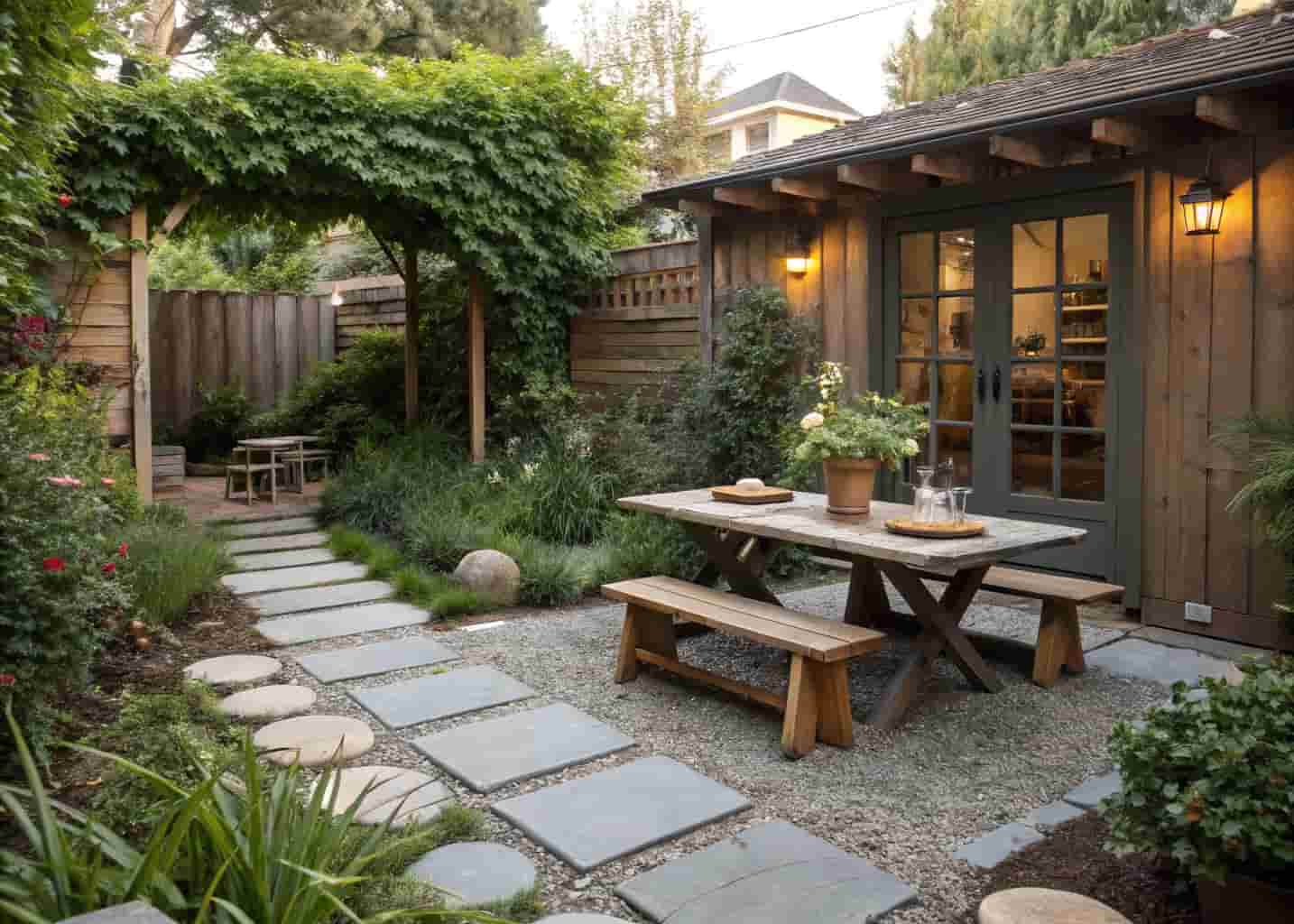 Outdoor dining area on a DIY stepping stone patio floor with gravel gaps, surrounded by garden plants, rustic wooden table, natural backyard feel.
