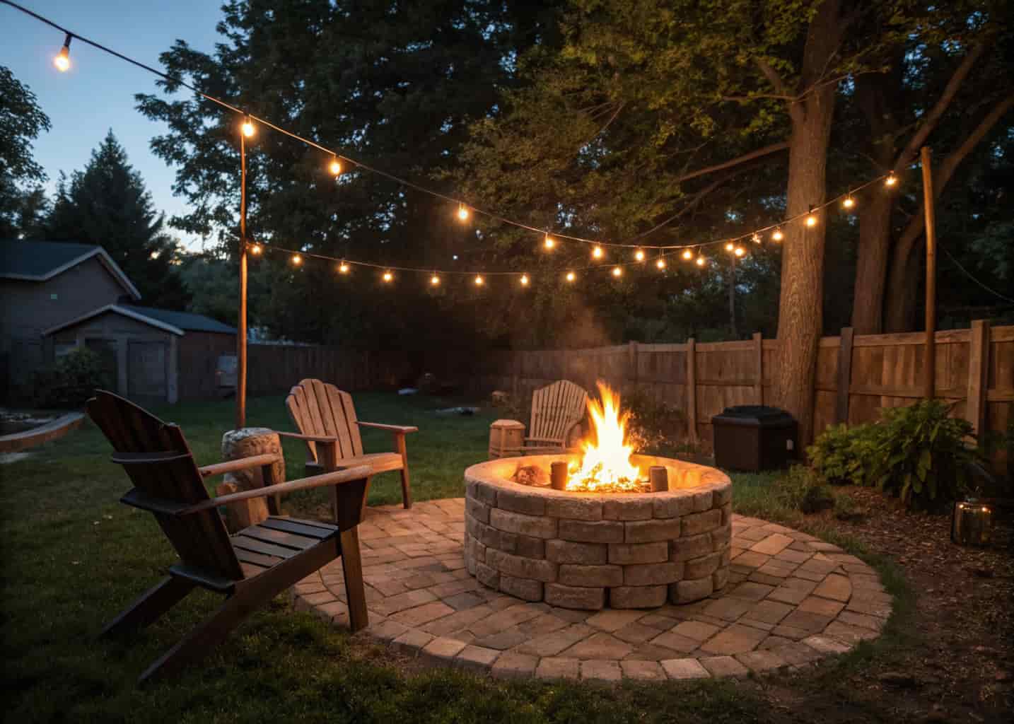 Simple DIY brick fire pit in a backyard at evening, outdoor dining chairs around it, warm fire glow, string lights in background, cozy atmosphere.