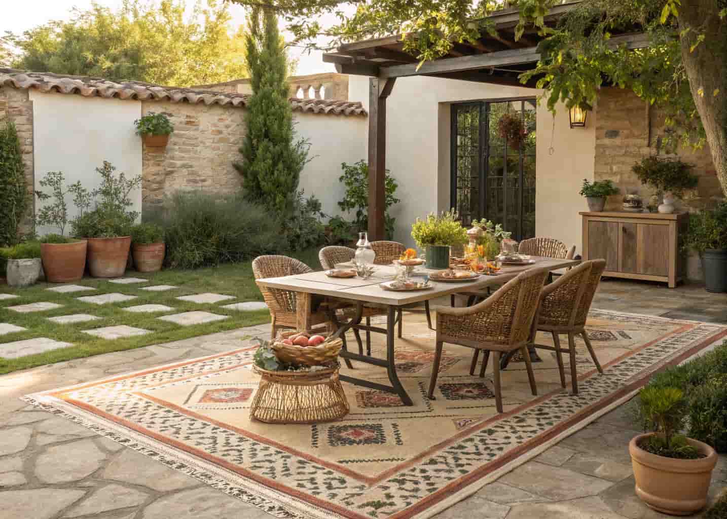 Outdoor dining table on a patterned outdoor rug in a backyard garden, earthy tones, chairs around the table, potted plants nearby, daylight photo.
