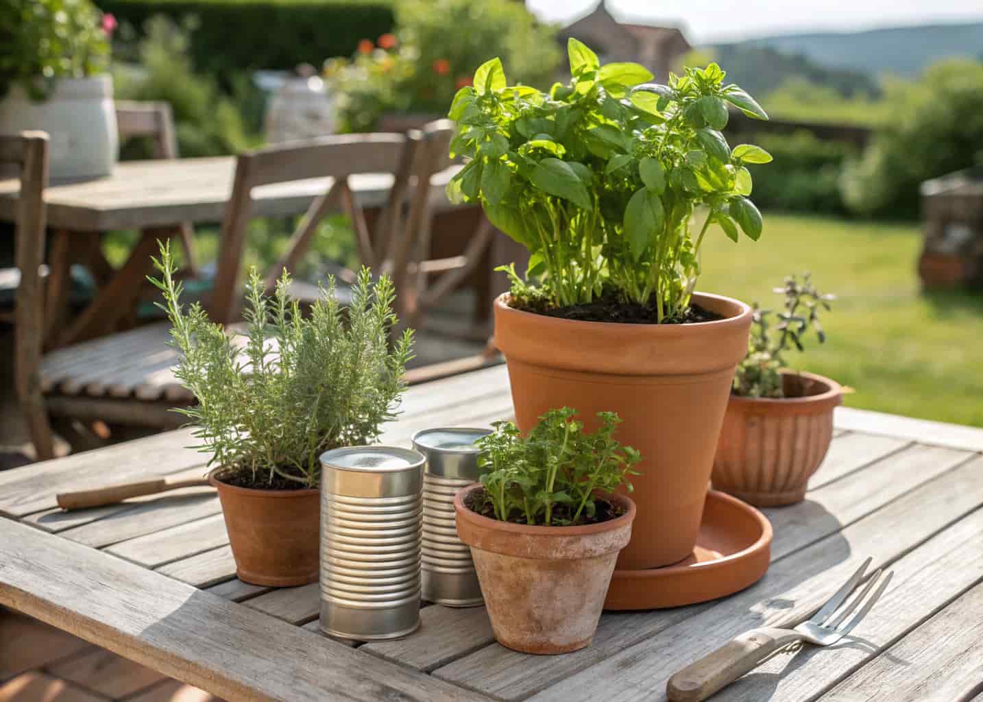 Small herb garden in terracotta pots and tin cans next to an outdoor dining table, basil and rosemary plants, rustic backyard setting, bright daylight.