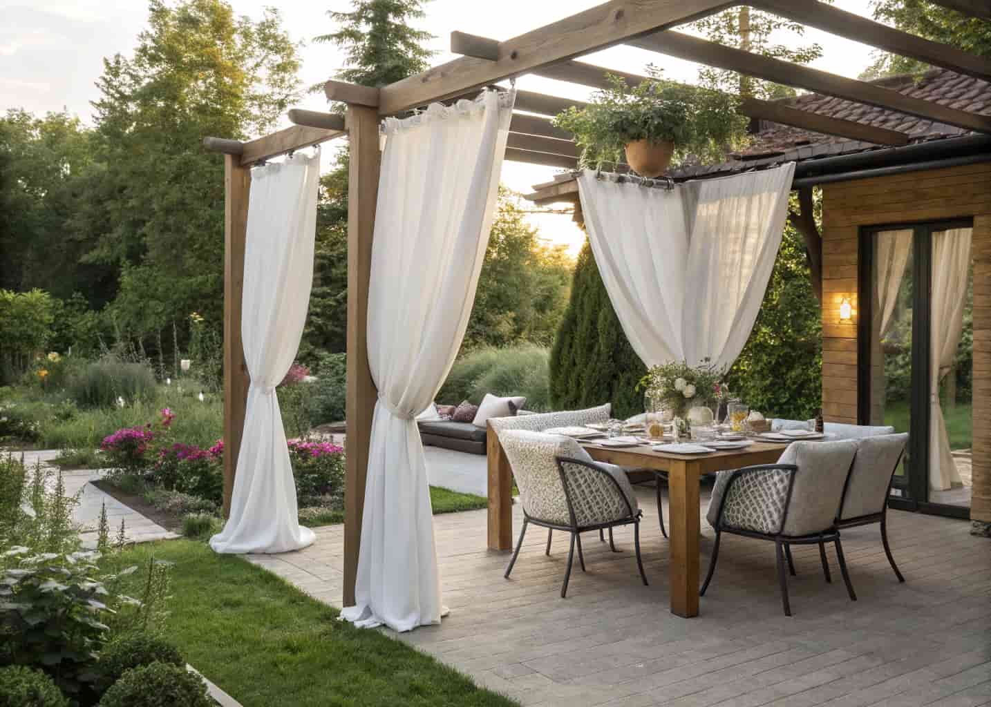Outdoor dining area with white linen curtains hanging from a wooden frame, backyard garden, soft natural light, table set for a meal, airy and elegant feel.