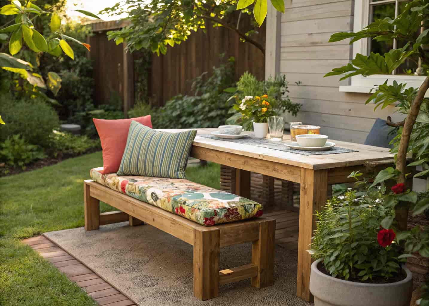 DIY wooden bench with a colorful cushion alongside an outdoor dining table in a garden backyard, simple and affordable setup, natural light, green plants.