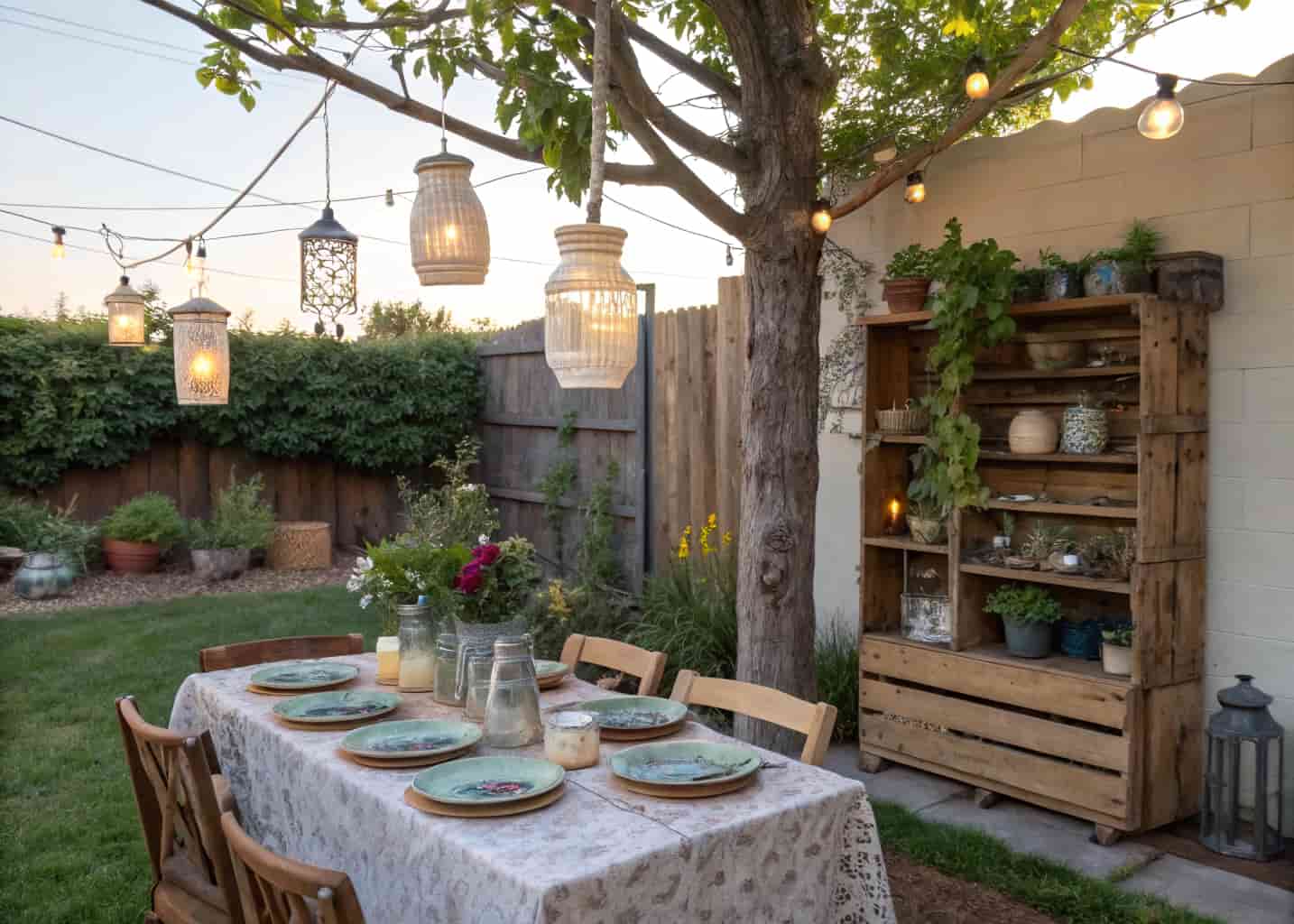 Backyard dining table decorated with thrifted items, glass jar lanterns, mismatched vintage plates, old wooden crate shelf with plants, charming and creative outdoor space.
