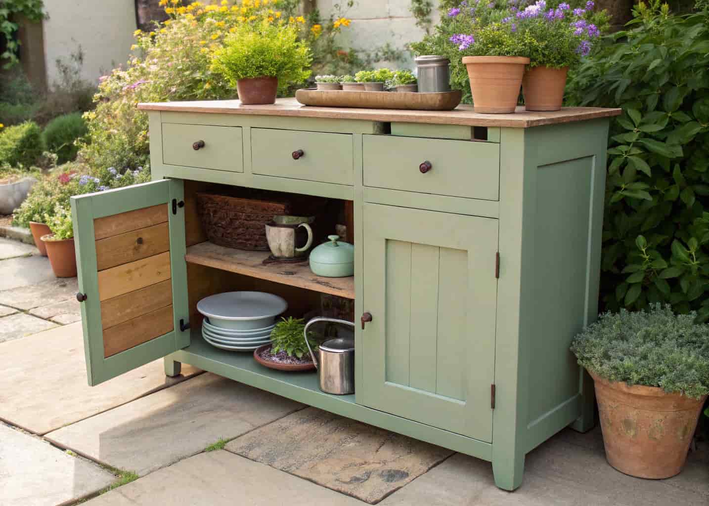 A repurposed vintage wooden dresser painted sage green, used as an outdoor kitchen cabinet on a patio, drawers open showing kitchen tools, potted plants on top, sunny garden background, charming rustic style.