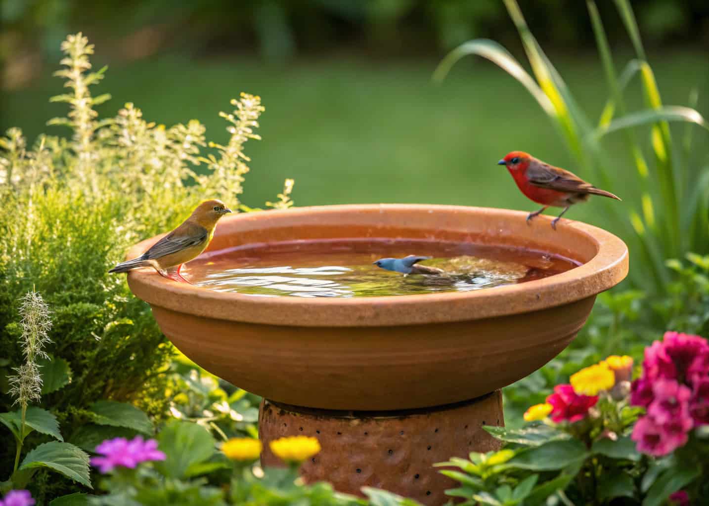 A beautiful terracotta clay pot bird bath in a lush green garden, sunlight reflecting off shallow water in a large saucer, small colorful birds perched on the edge, surrounded by flowering plants.