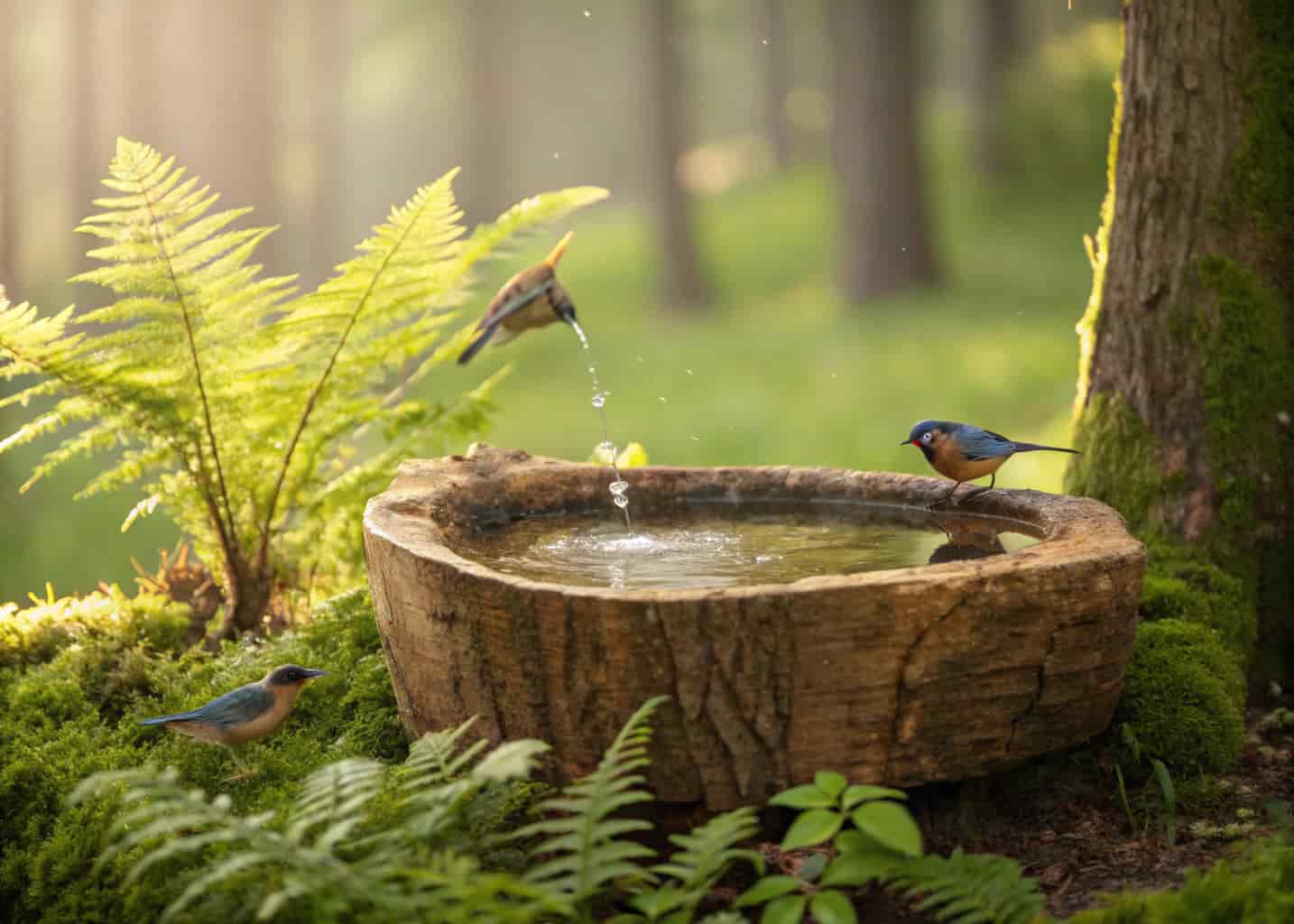 A rustic hollowed wooden log bird bath on a forest garden floor, water filled in the carved bowl, surrounded by ferns and green leaves, natural morning light, birds drinking from it.