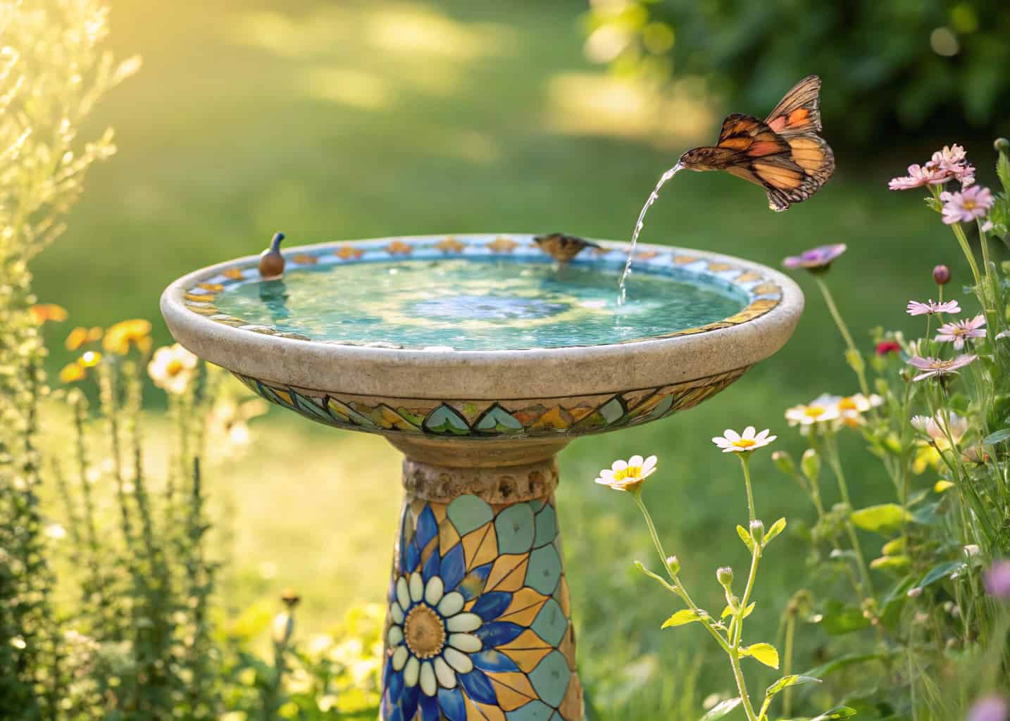 A vibrant mosaic tile bird bath with colorful blue, green, and gold tile patterns, placed in a sunny flower garden, water shimmering in the bowl, butterflies and small birds nearby.