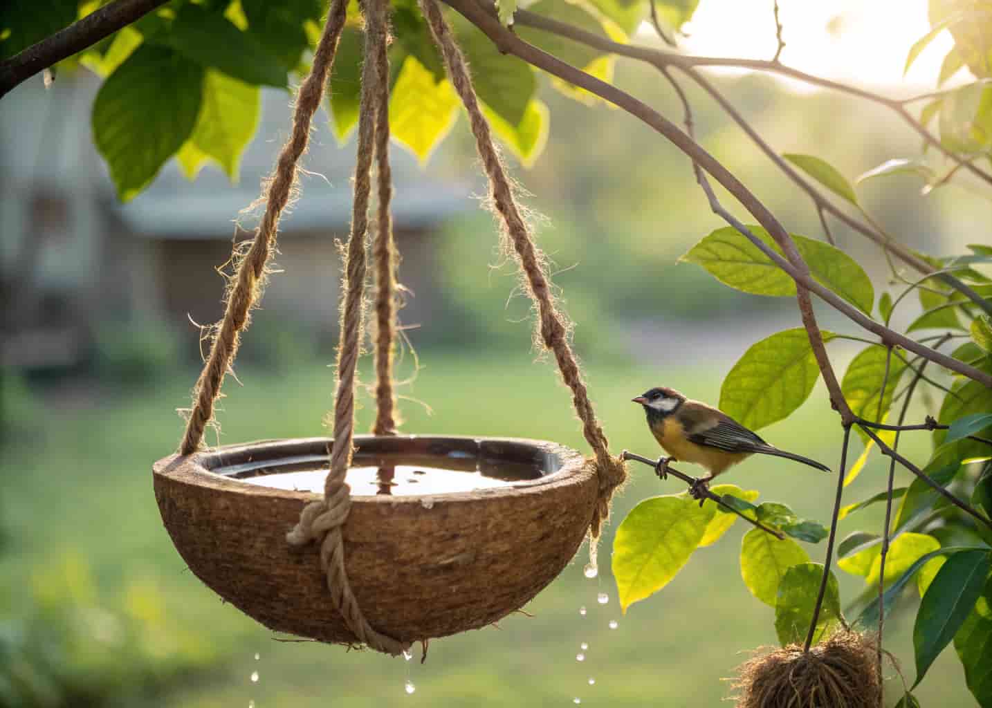 A coconut shell bird bath hanging from a green tree branch with jute rope, water inside the shell, a small tropical bird perched on the edge, surrounded by lush garden leaves and soft sunlight.