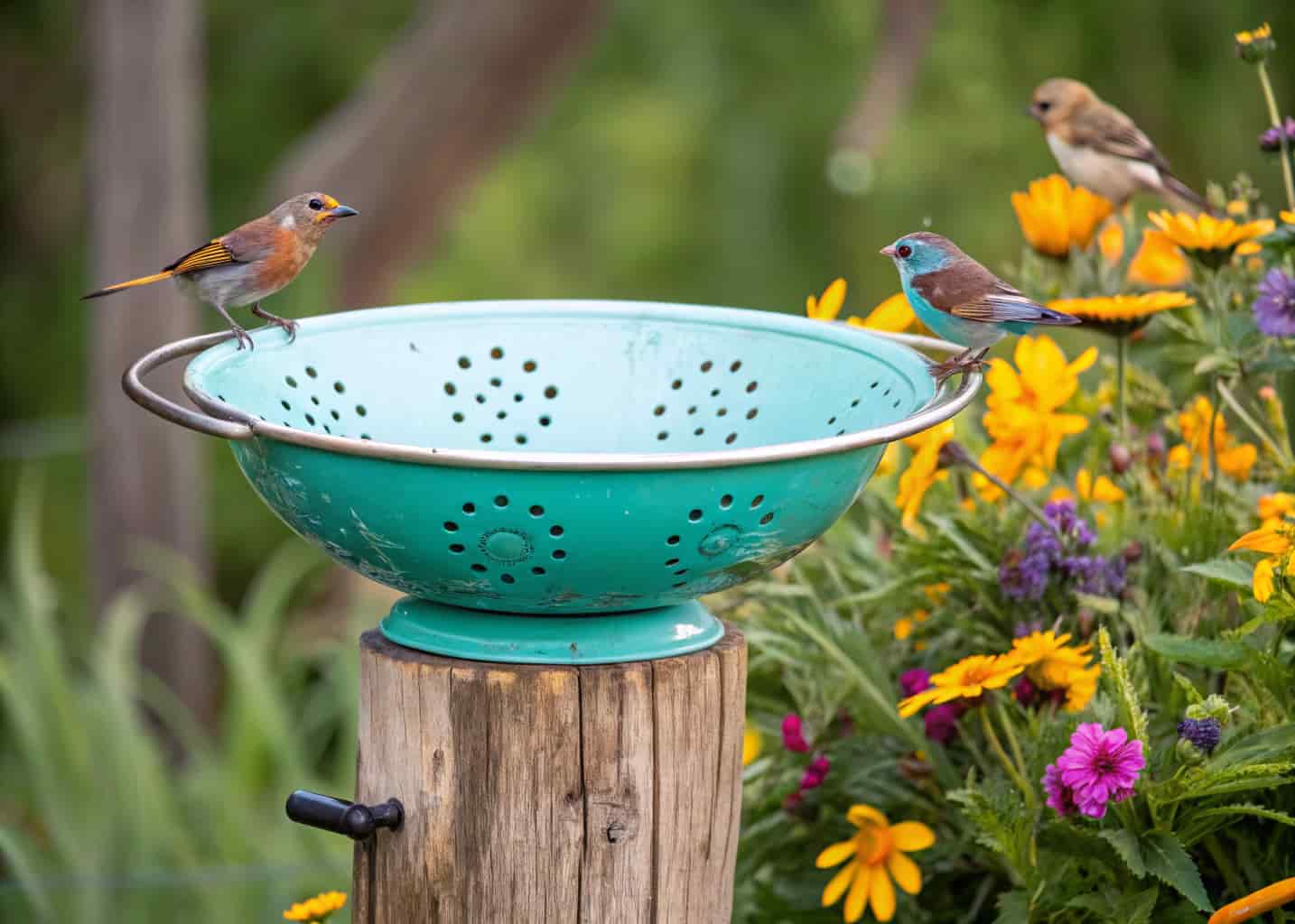 A colorful repurposed kitchen colander painted in turquoise, mounted on a wooden post in a garden, filled with water, birds perched around it, bright flowers in the background.