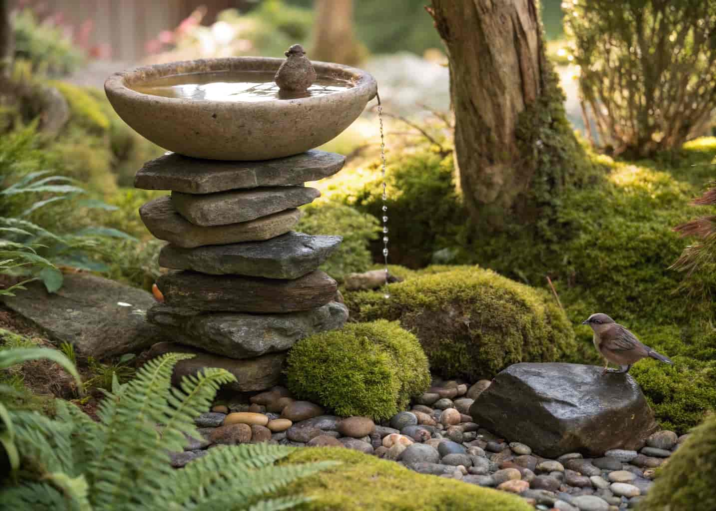 A stacked flat stone bird bath in a natural rock garden, water in a wide shallow stone bowl on top, surrounded by moss, ferns, and small pebbles, birds bathing peacefully, soft golden light.