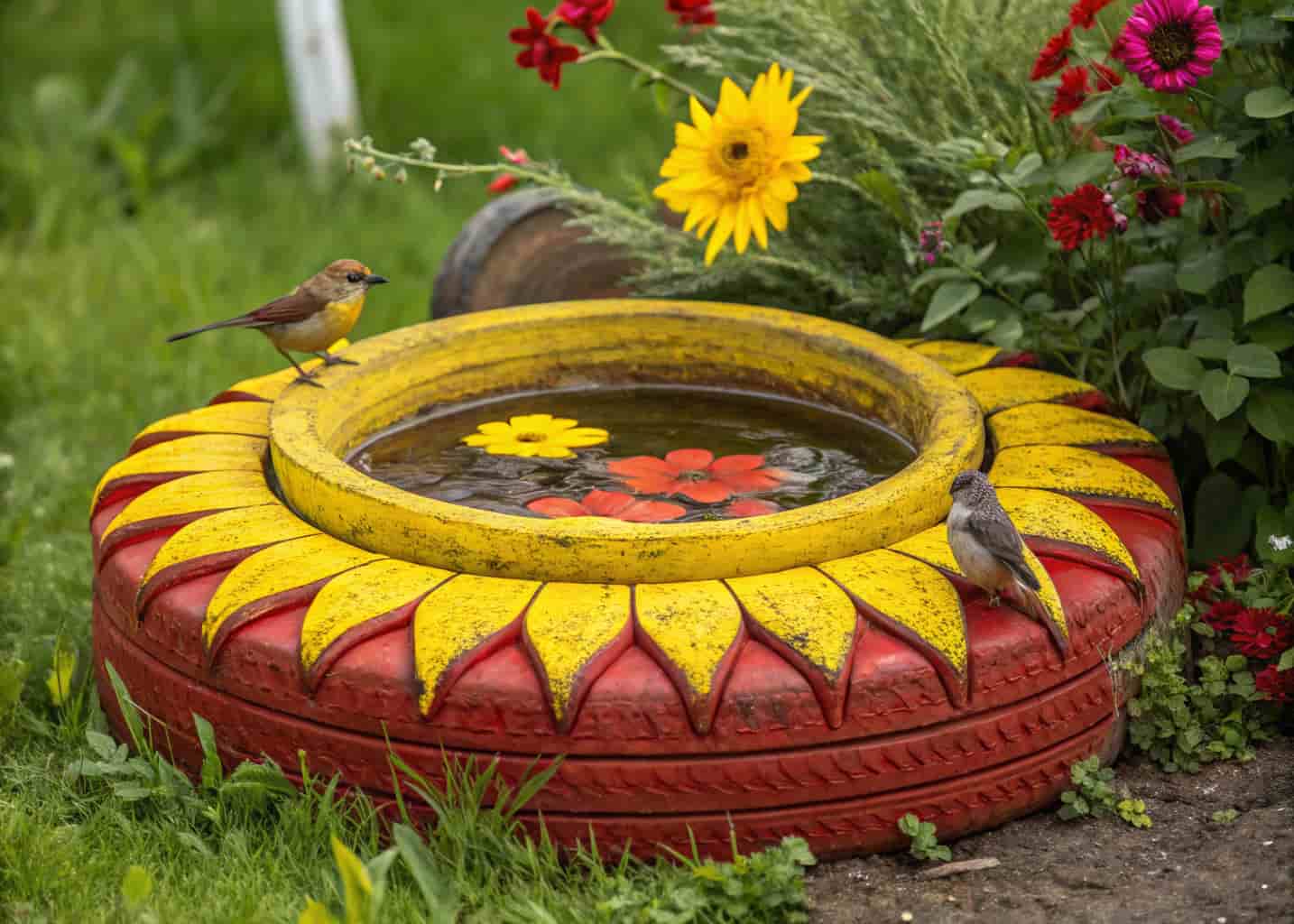 A painted old car tire transformed into a flower-shaped bird bath, bright yellow and red colors, water-filled bowl in the center, garden birds visiting, green grass and flowers surrounding it.