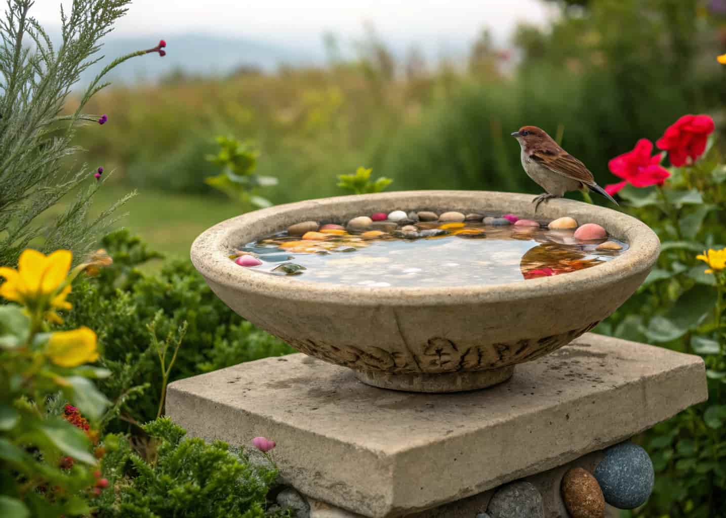 A handmade cement bird bath bowl embedded with colorful pebbles and shells, placed on a stone pedestal in a lush garden, water reflecting the sky, a sparrow sitting on the edge.