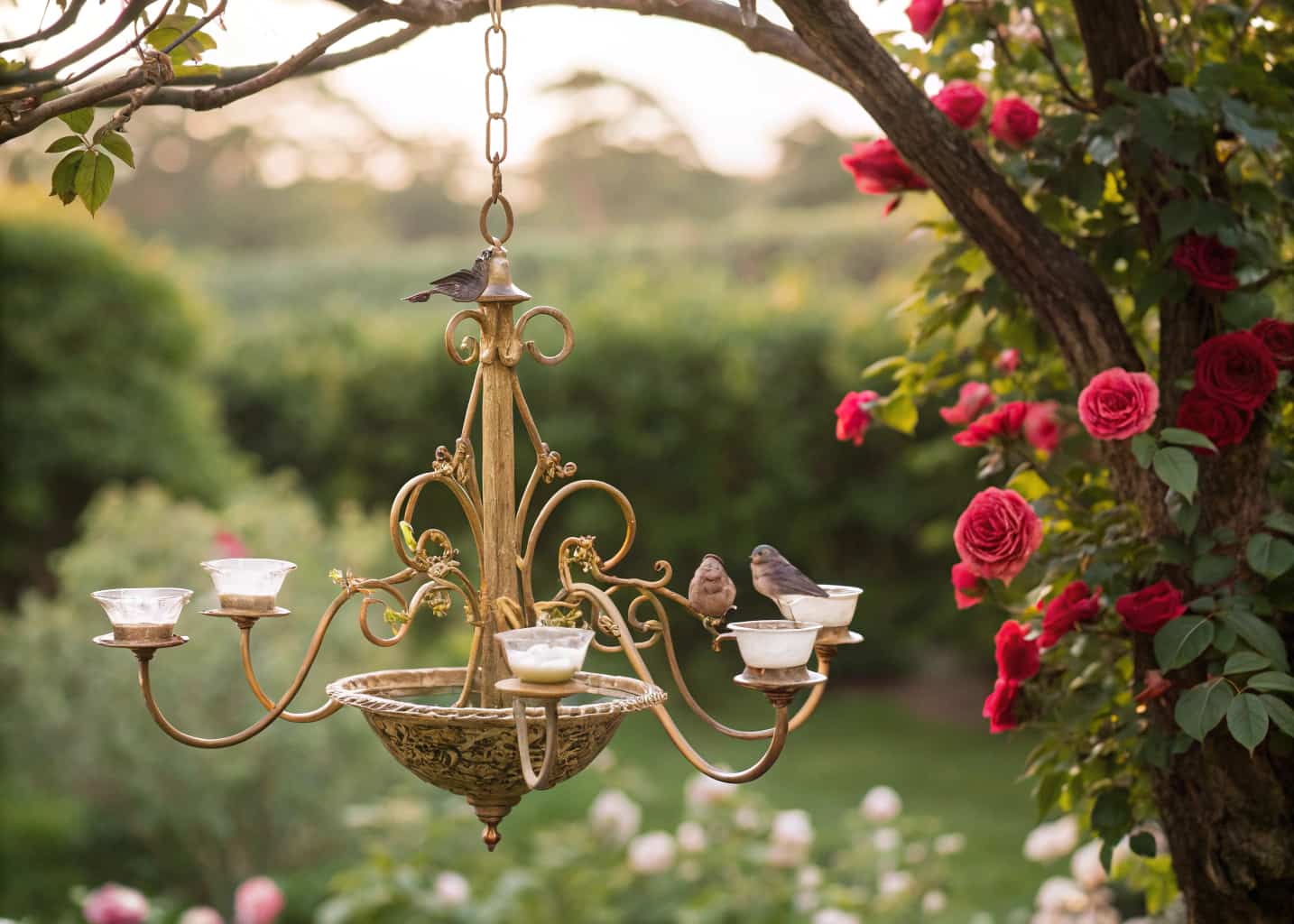 An elegant upcycled chandelier turned into a bird bath, painted gold, hanging from a tree in a garden, small bowls of water on each arm, birds perched on it, romantic garden setting with roses.