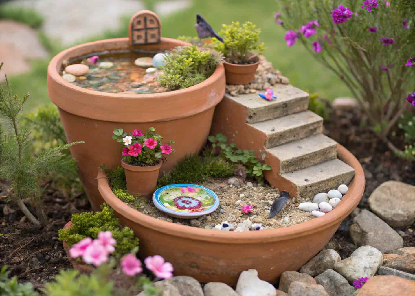 A broken terracotta pot arranged as a fairy garden bird bath with small steps, tiny plants, pebbles, and a small water saucer at the top, colorful miniature garden setting, birds and butterflies around it.