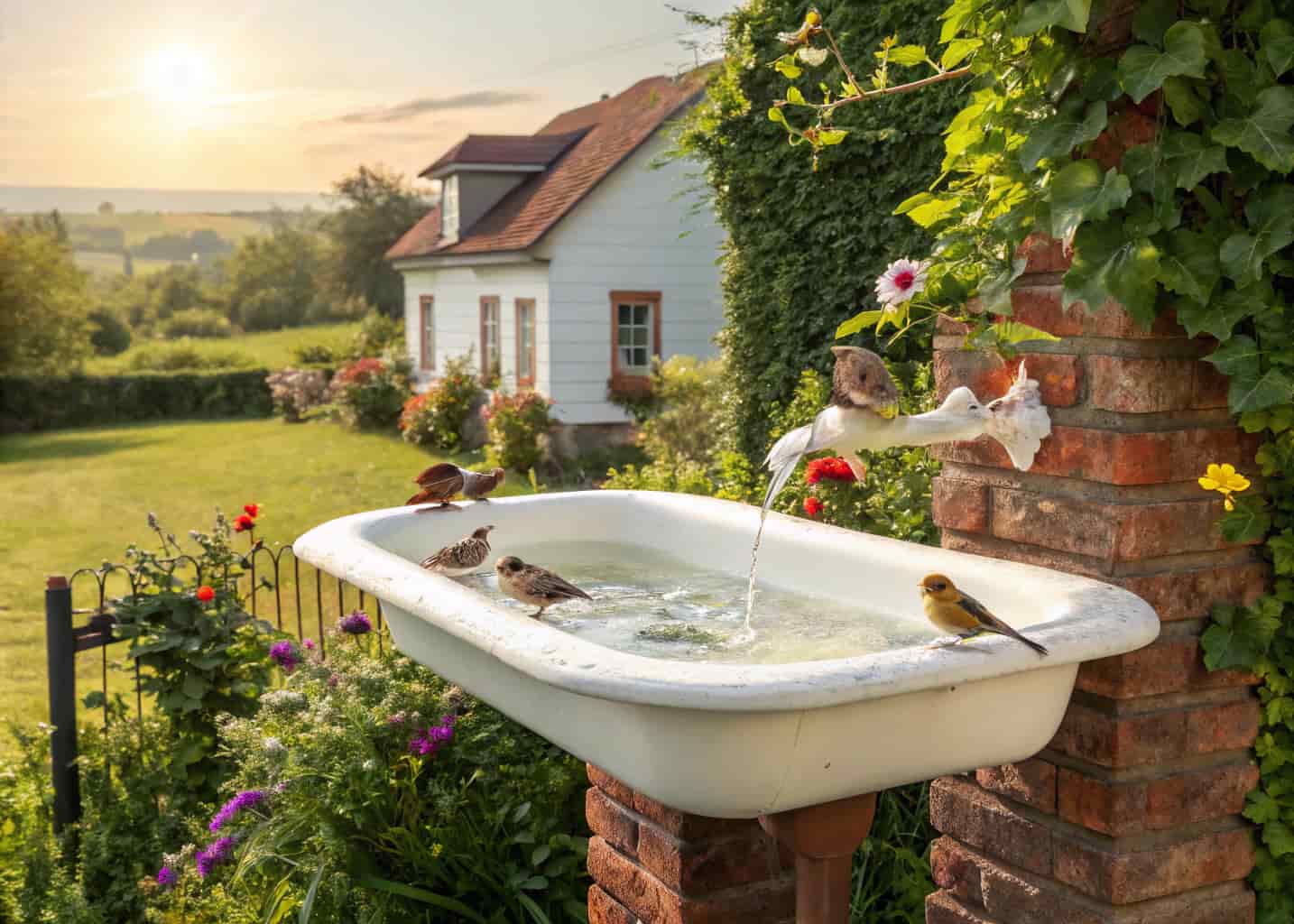 A white vintage kitchen sink repurposed as a large garden bird bath, mounted on brick supports, water filled, multiple birds bathing, surrounded by cottage garden flowers and ivy, sunny day.