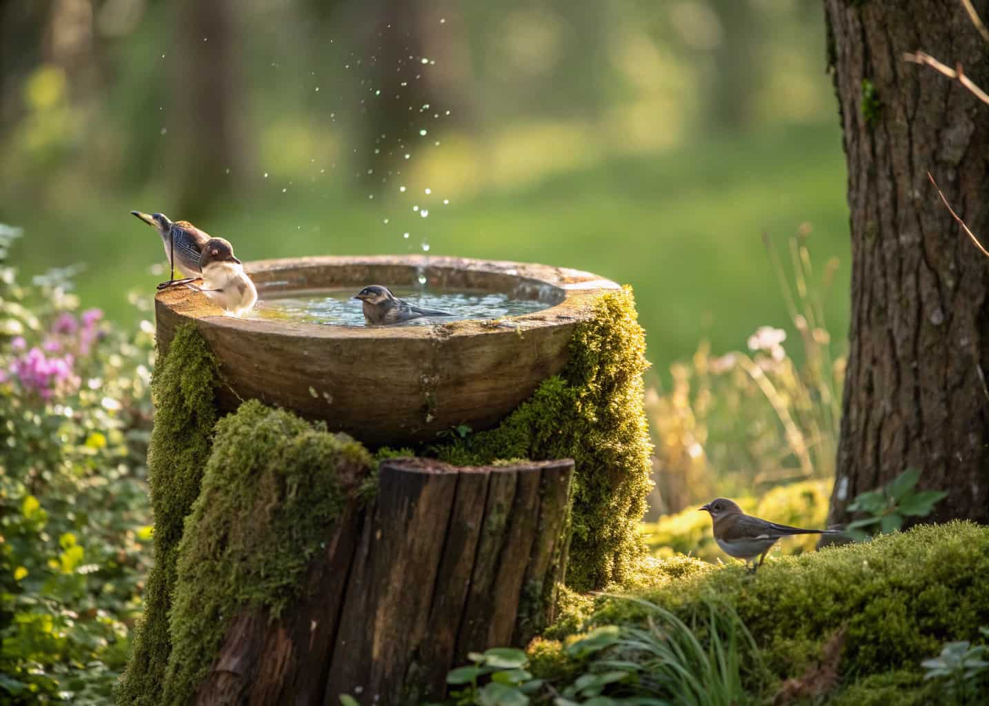 A natural tree stump in a garden with a hollowed bowl top filled with water, moss growing on the sides, birds splashing, surrounded by woodland plants and dappled sunlight through tree canopy.