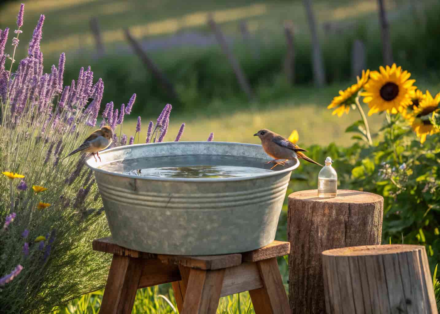 A galvanized metal tub bird bath on a wooden stool in a farmhouse garden, water glinting in sunlight, birds perched on the rim, surrounded by lavender, sunflowers, and rustic wooden decor.