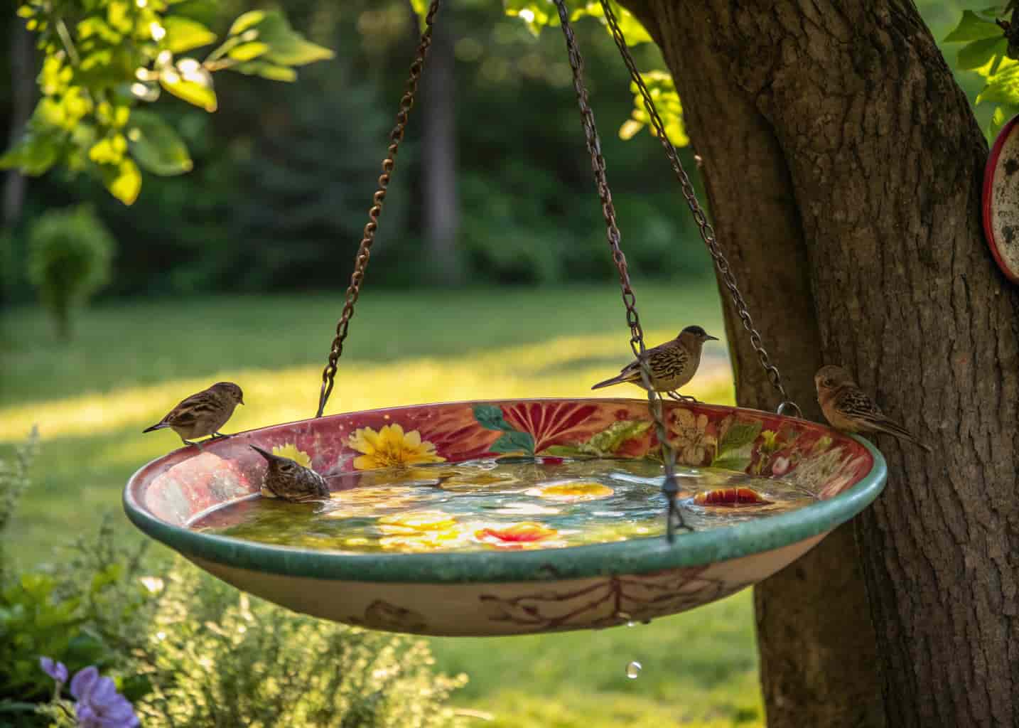 A large colorful ceramic plate hanging as a bird bath from a tree, painted with floral patterns, water inside, small birds bathing and drinking, dappled shade, green garden background.