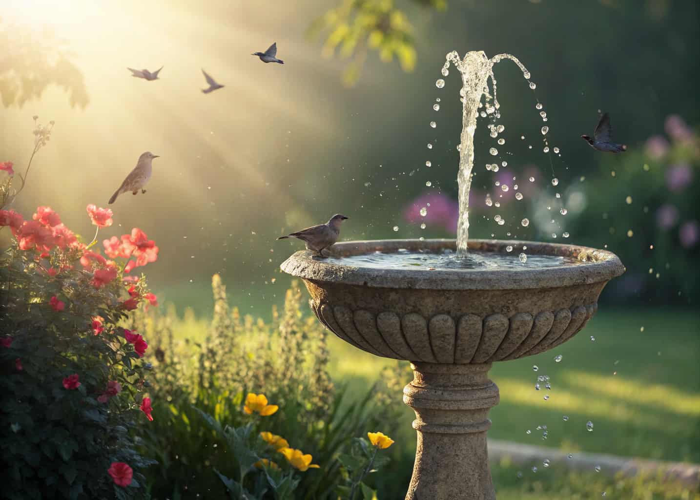 A stone bowl bird bath with a small solar fountain spraying water gently, sunlight sparkling on water droplets, birds flying in and around the bowl, lush garden with bright flowers in the background.