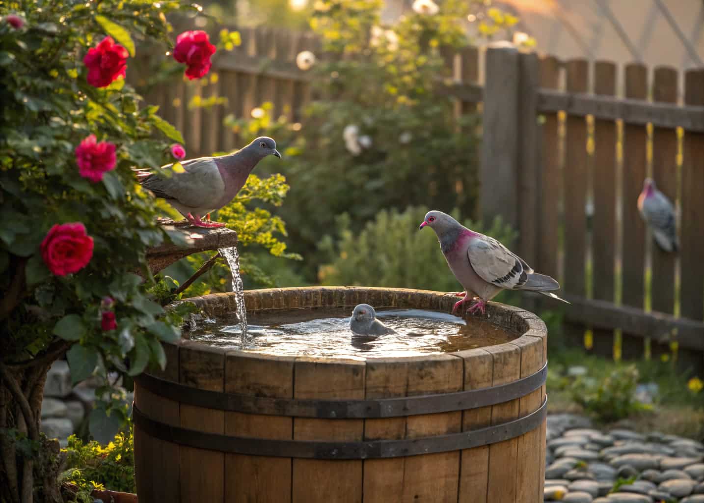 Half a wooden wine barrel used as a bird bath in a rustic cottage garden, water inside with flat stones, doves and pigeons bathing, surrounded by roses and wooden fencing, warm afternoon light