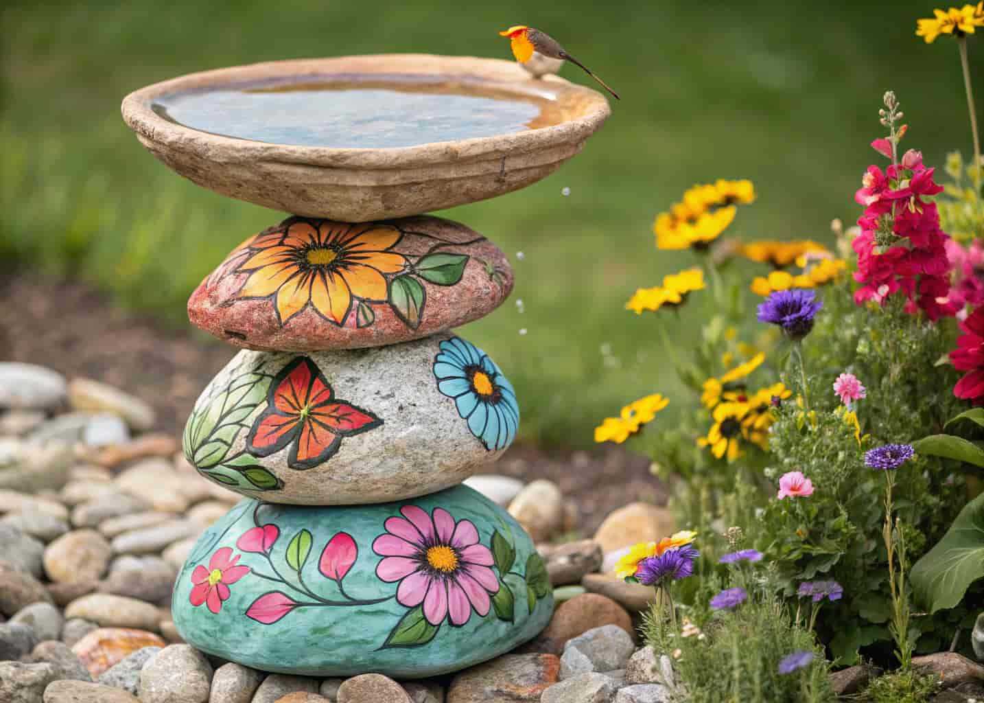 A stack of beautifully hand-painted colorful rocks forming a bird bath, flat water-filled top rock with flower patterns, placed in a flower garden, birds perched, bright sunny day, vibrant colors.