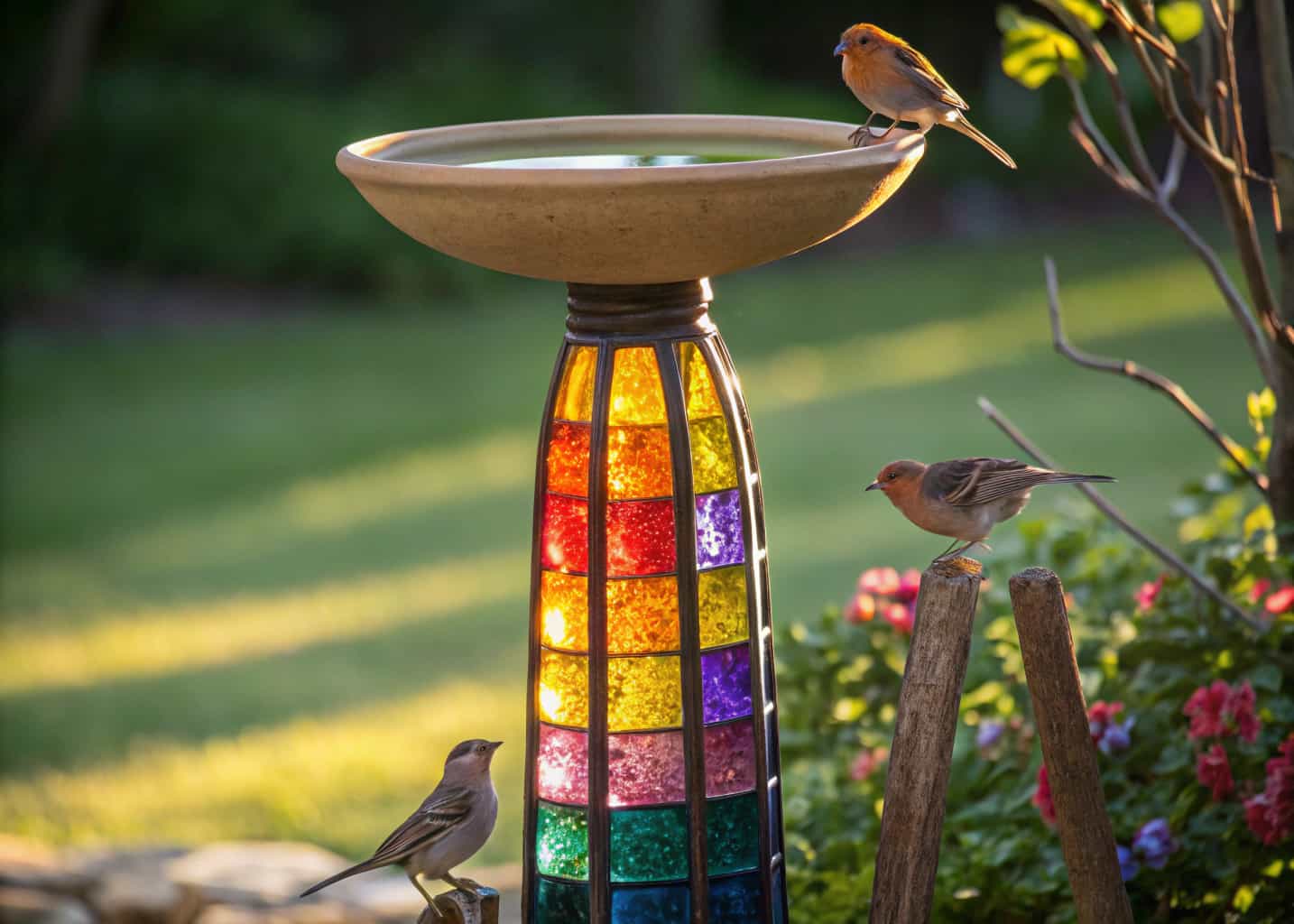 A wicker basket bird bath with a shallow water bowl inside, placed on a garden table, woven with flowers, small birds drinking, surrounded by potted plants and a warm cottage garden atmosphere.