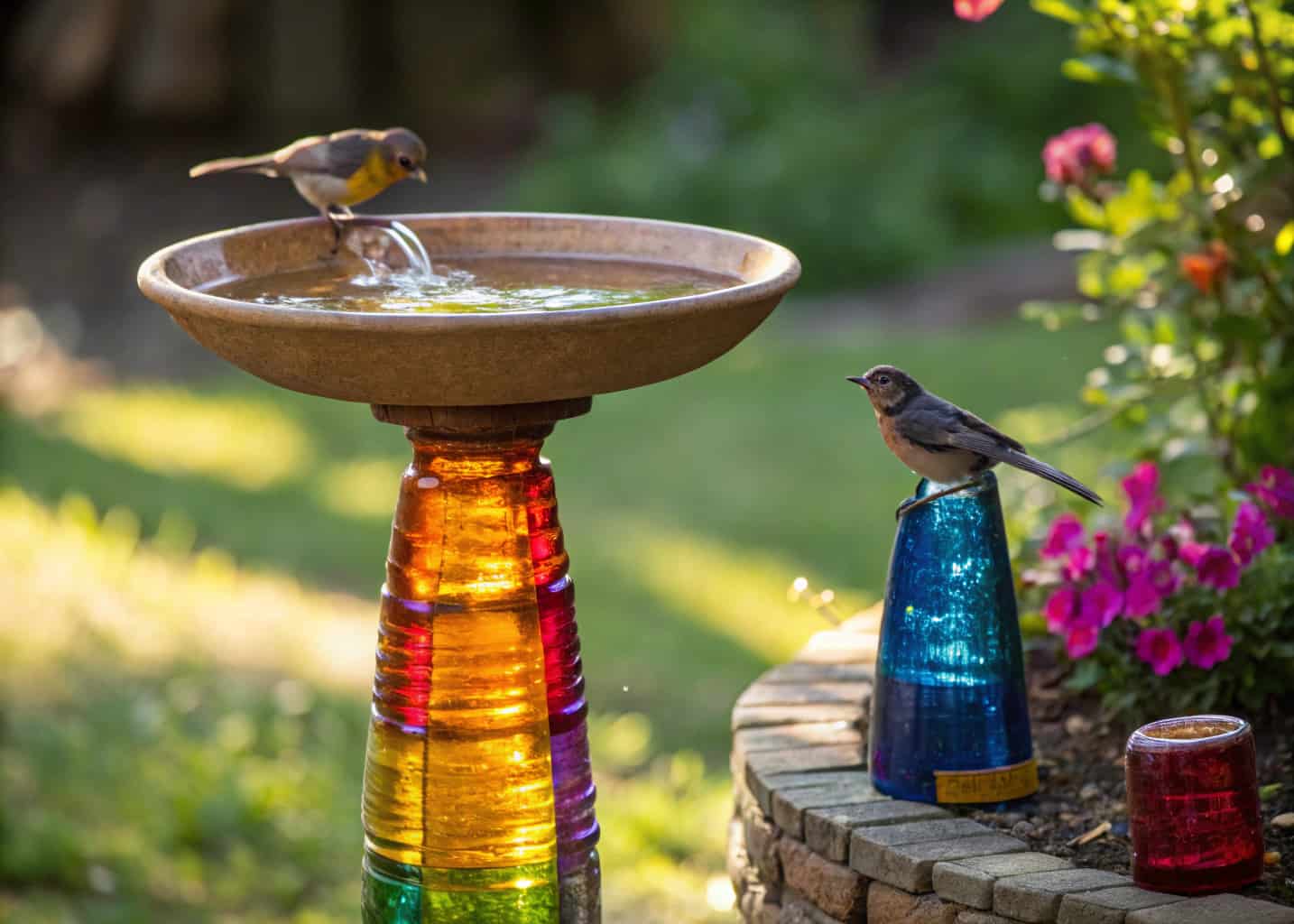 A bird bath pedestal made from colorful glass bottles bound together, rainbow light reflections on the garden, flat ceramic bowl on top filled with water, birds perched, sunlight streaming through colored glass.