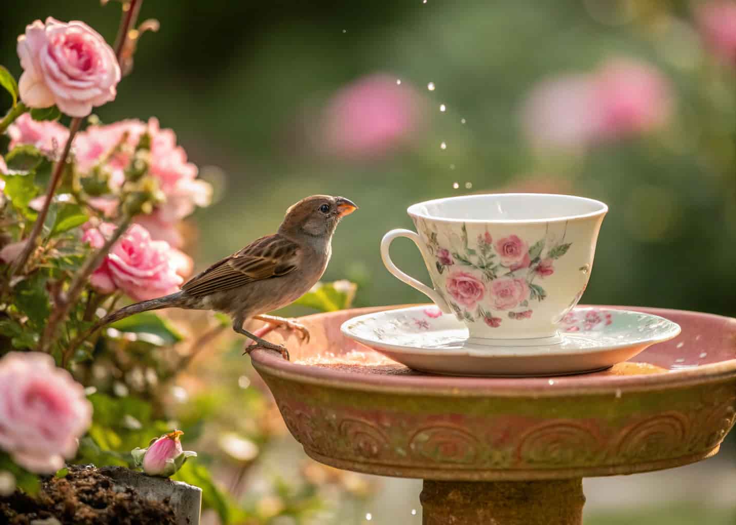 A whimsical vintage teacup tilted sideways glued to a floral saucer bird bath on a painted terracotta pot pedestal, sparrows and finches nearby, water in the saucer, magical fairy garden setting with roses and soft light.