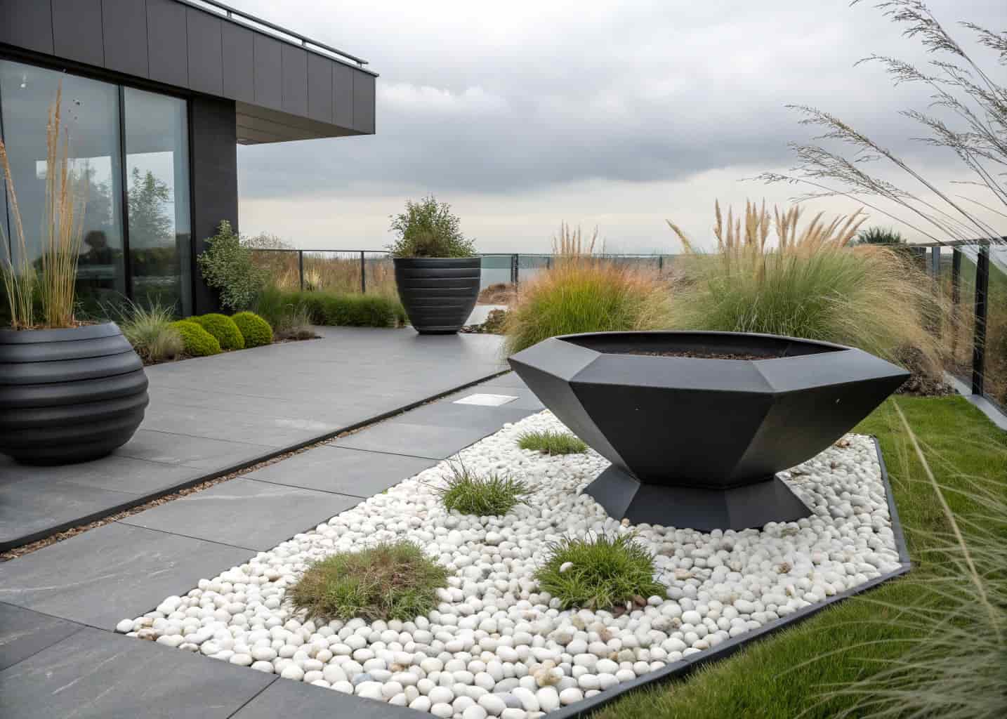 A sleek matte black hexagonal geometric bird bath bowl on a modern patio surrounded by ornamental grasses and white pebbles, minimalist garden design, architectural photography, overcast light.