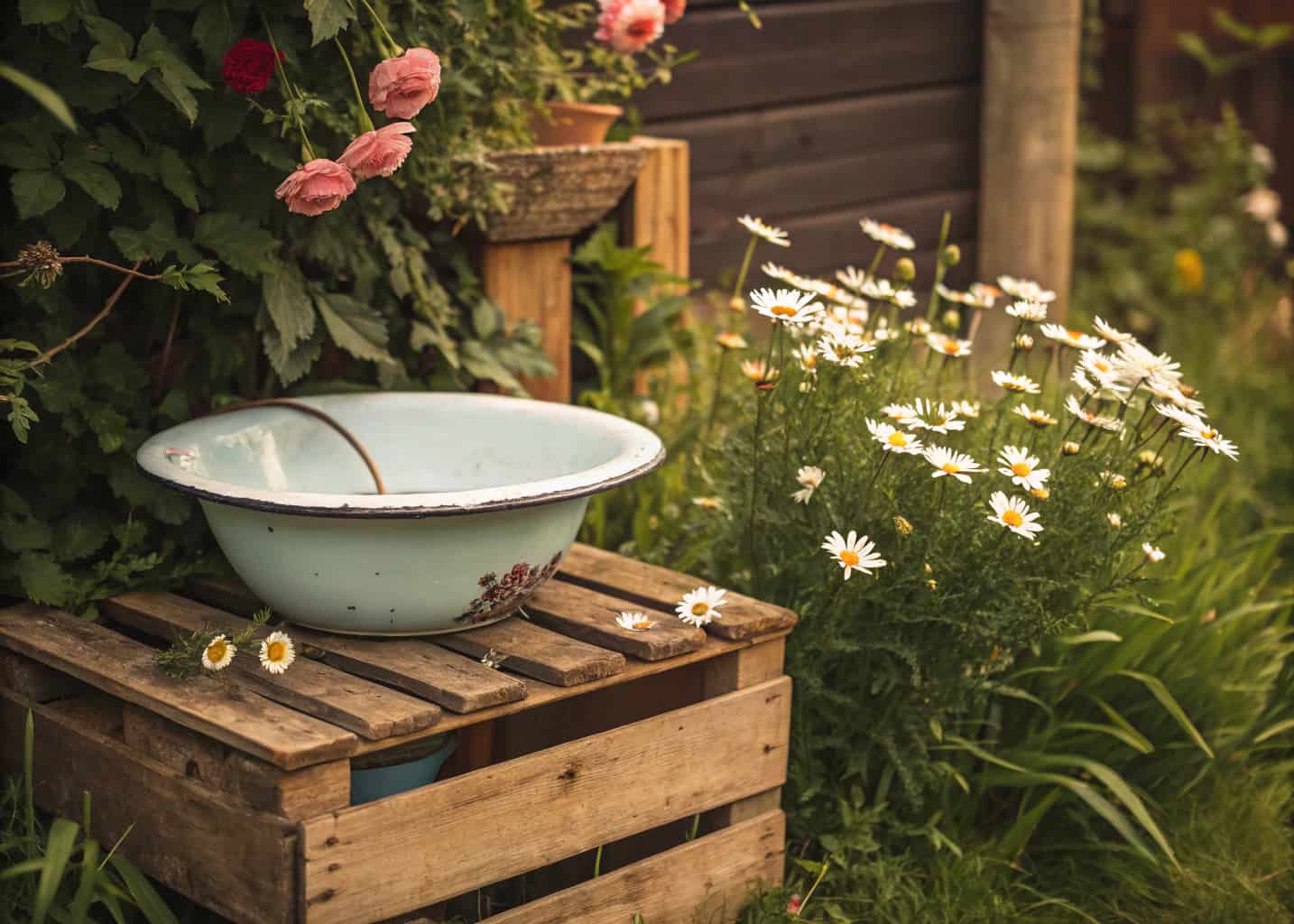 A chipped pale blue vintage enamel wash basin repurposed as a bird bath, sitting on a wooden crate in a cottage garden with daisies and climbing roses, retro charm, warm photography.