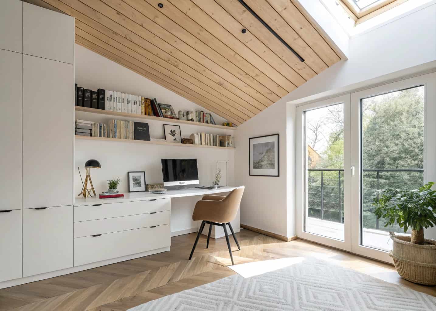 A modern home office with diagonal light wood planks installed on the ceiling, minimalist desk, clean white walls, large window with natural light, stylish and contemporary interior design.