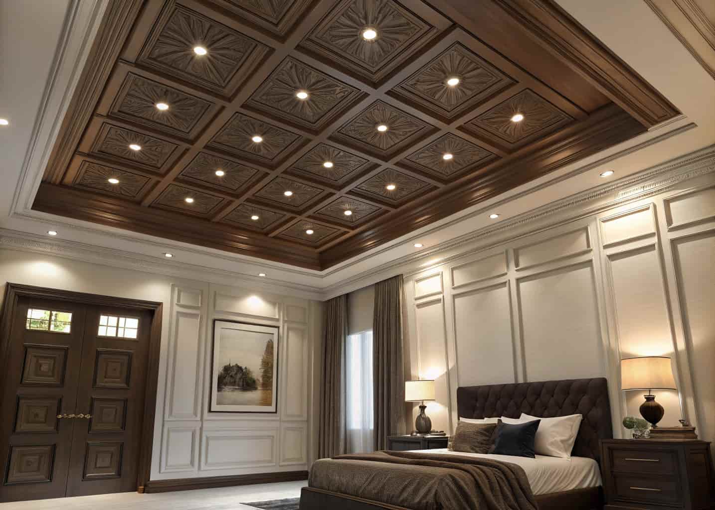 Bedroom with deep coffered plywood ceiling design, geometric square patterns with recessed LED lighting inside each coffer, elegant luxury interior, warm white walls, dark wood tones, photorealistic 4K render, soft ambient glow
