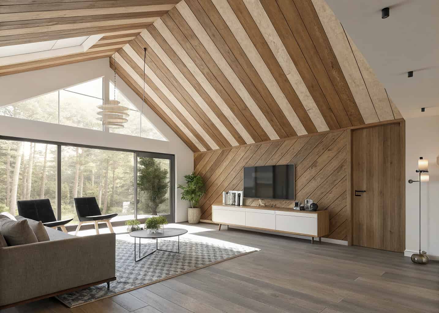 Living room with diagonal striped plywood ceiling panels, alternating light and dark wood tones, 45 degree angle installation, modern Scandinavian interior style, natural sunlight, high resolution photorealistic render, minimalist decor