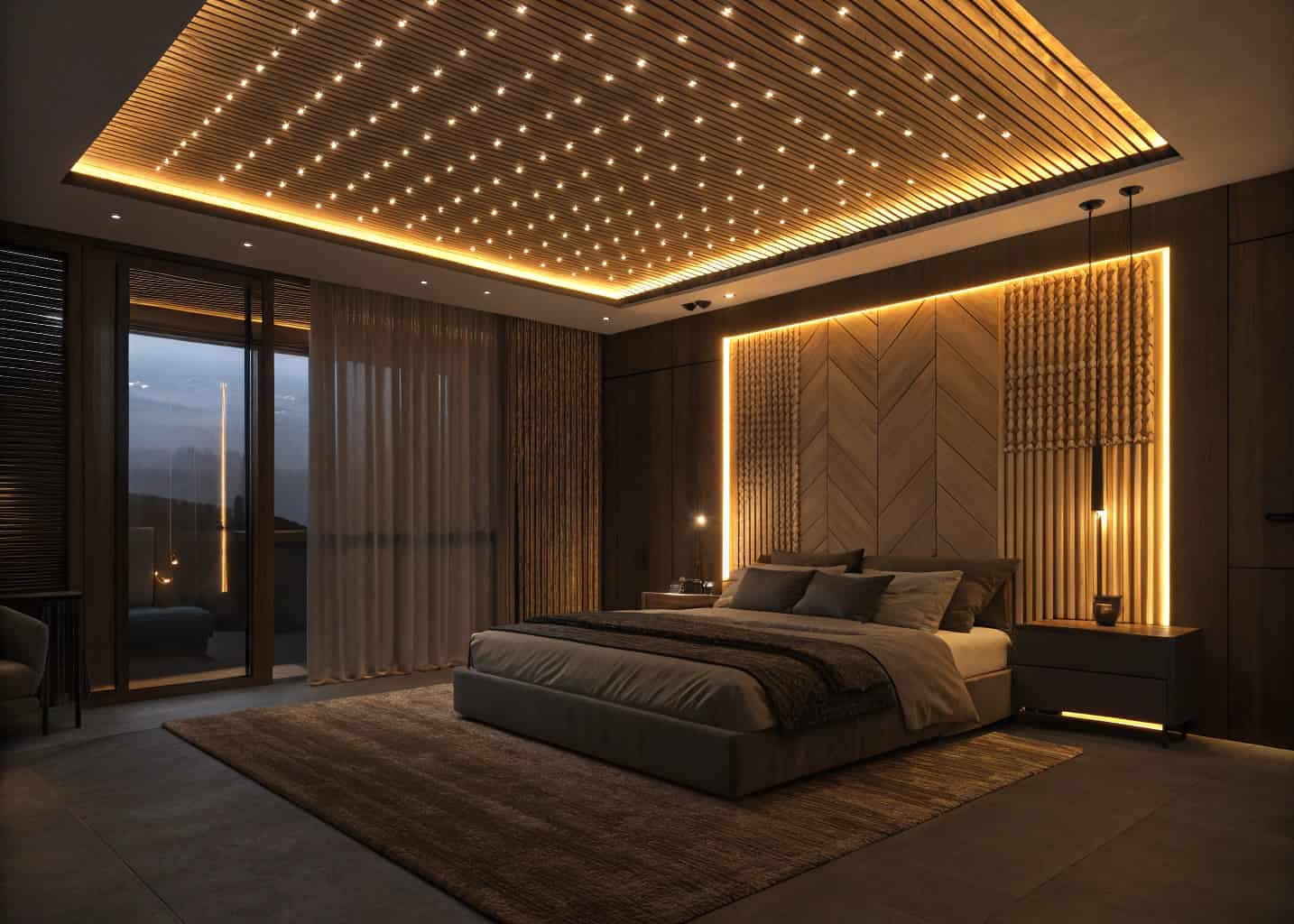 Bedroom interior with backlit plywood ceiling panels, warm golden LED backlighting glowing behind thin wooden slats, cozy romantic ambiance, dark room with soft light, modern luxury design, photorealistic 4K photography, evening mood lighting