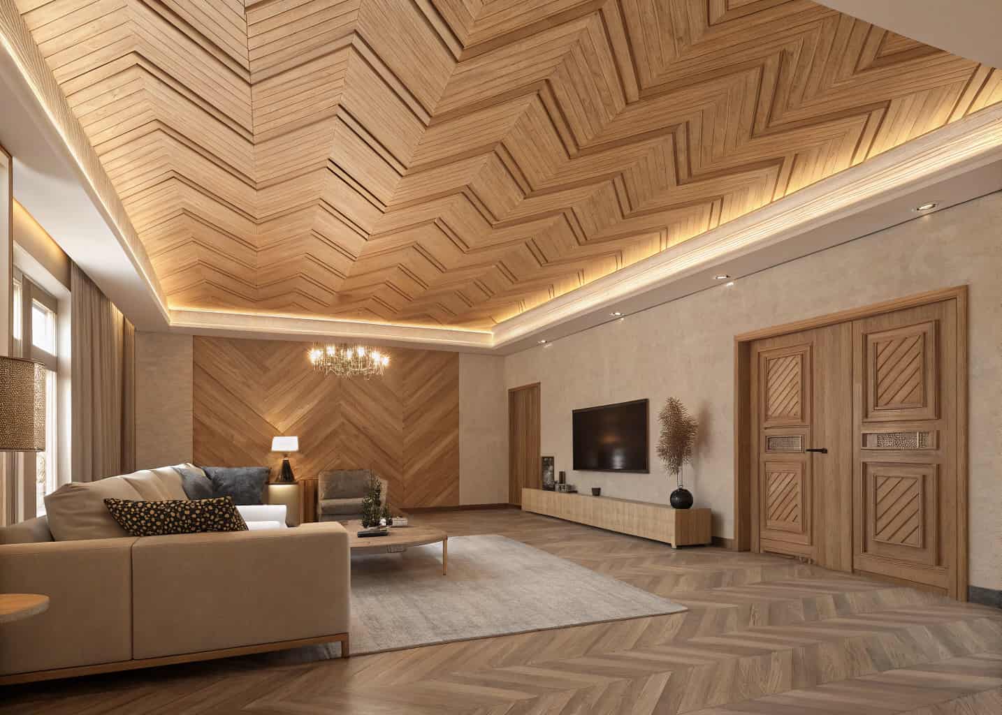 Living room with herringbone patterned plywood ceiling, V-shaped zigzag wood strips in natural oak tones, high ceiling, modern interior with neutral furniture, warm lighting, photorealistic architectural photography, 4K resolution