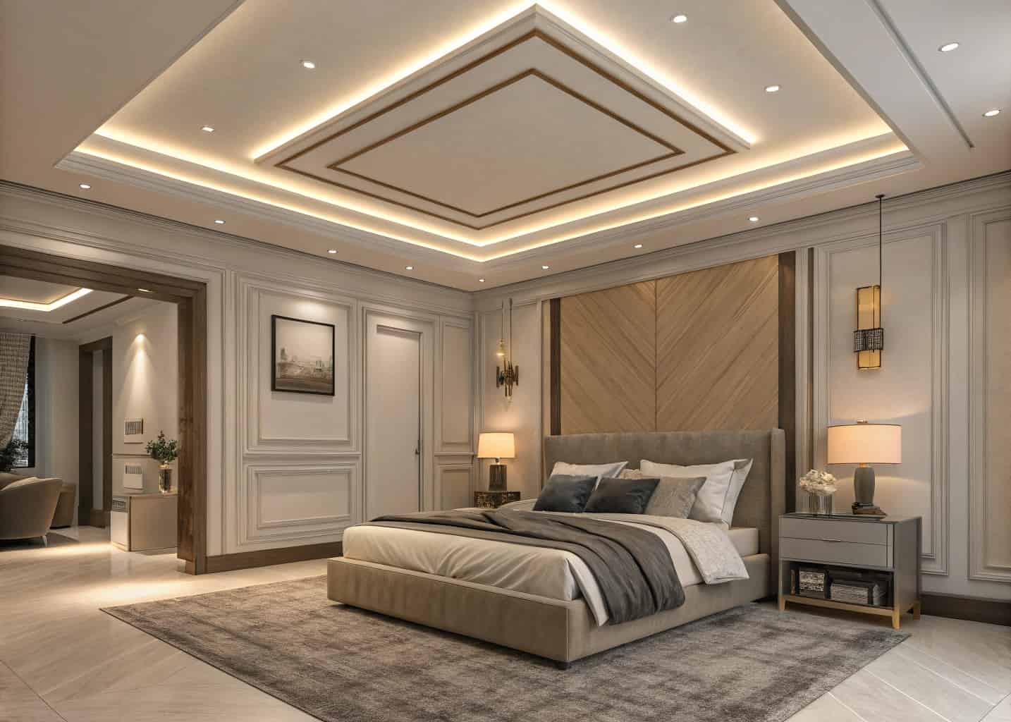 Master bedroom with elegant plywood tray ceiling, stepped layers with LED strip lighting along the edges, soft warm glow, luxury interior design, neutral color palette, photorealistic 4K render, high end home decor