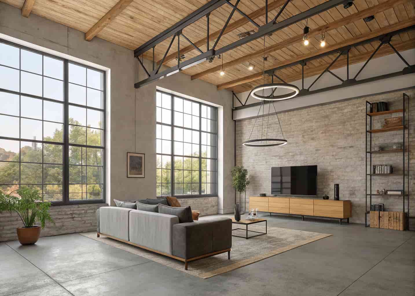 Open plan living room with exposed raw plywood industrial ceiling, visible wooden beams, concrete floor, large metal frame windows, Edison bulb pendant lights, industrial style furniture, photorealistic interior photography, 4K quality
