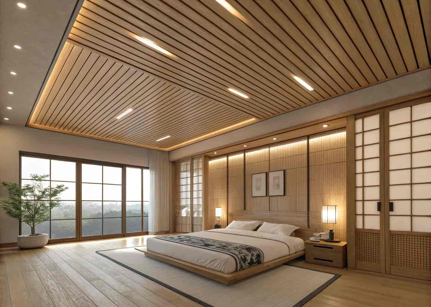 Modern bedroom with plywood slat ceiling design, evenly spaced thin wooden strips with gaps, warm LED lighting visible between slats, Japandi interior style, light wood tones, minimalist furniture, soft natural light, photorealistic 4K render
