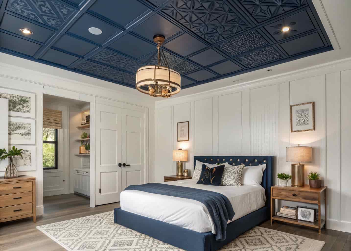 Bedroom with painted plywood ceiling in deep navy blue color, white walls, warm pendant lighting, cozy modern interior, geometric painted pattern on ceiling panels, photorealistic photography, 4K quality, stylish home decor