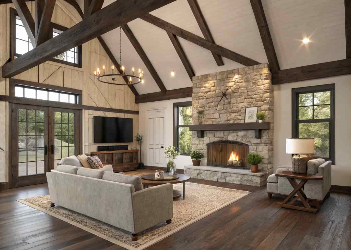 Living room with plywood ceiling panels between exposed dark wooden beams, rustic farmhouse interior style, stone fireplace, warm Edison bulb lighting, hardwood floors, cozy furniture, photorealistic 4K architectural photography