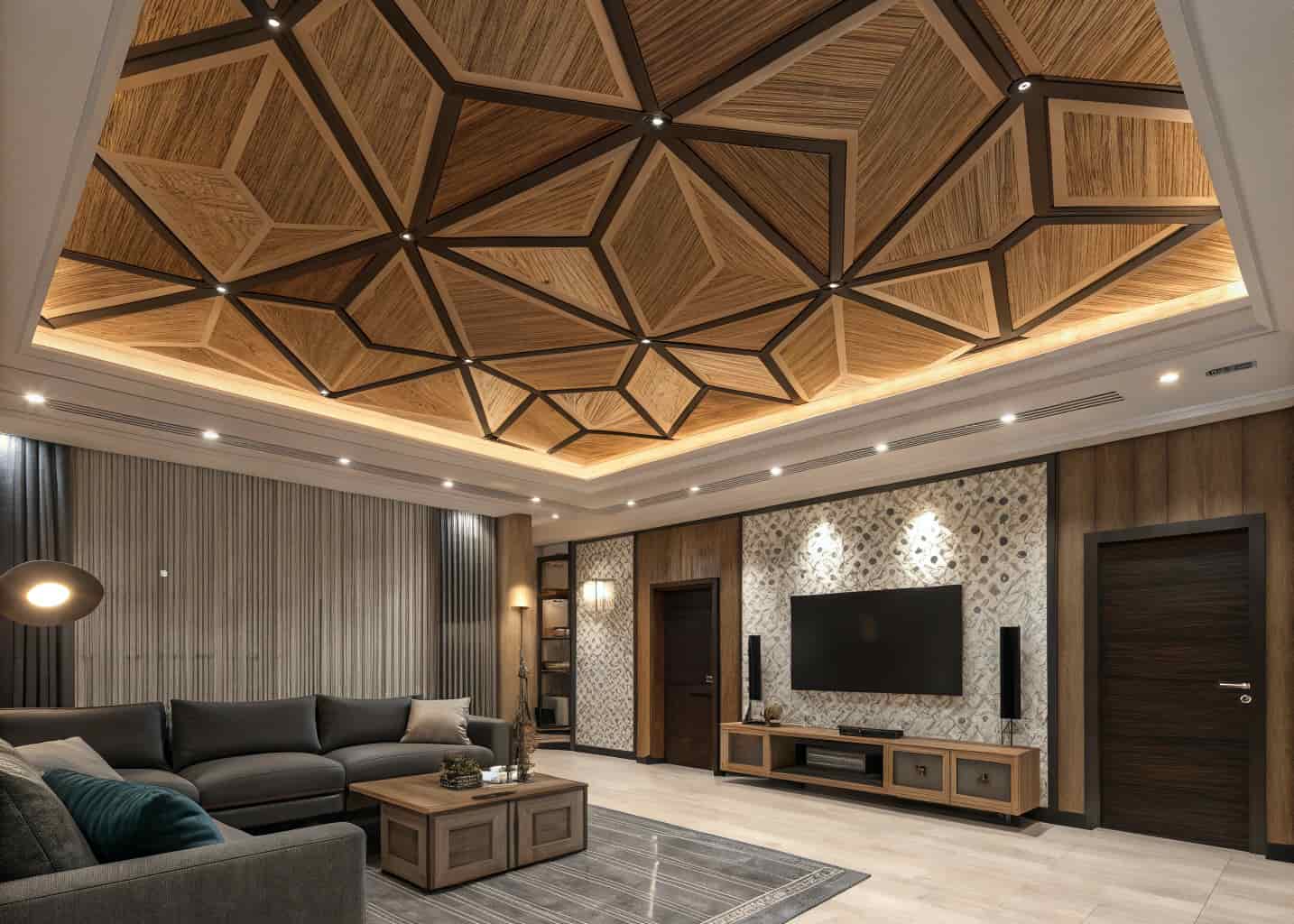 Large living room with 3D geometric plywood ceiling design, triangular and hexagonal shaped wood panels at different angles, natural and dark wood tones, dramatic modern interior, spotlights highlighting the geometry, photorealistic 4K render