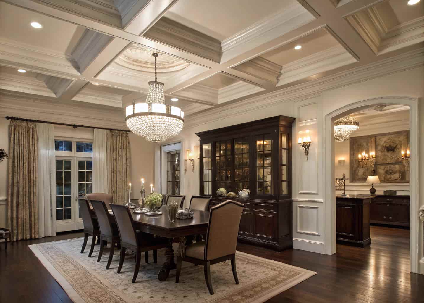 A formal dining room with a coffered wood beam ceiling painted in soft white, dramatic pendant chandelier, dark wood dining furniture, warm candlelight, classic and luxurious home interior photo.