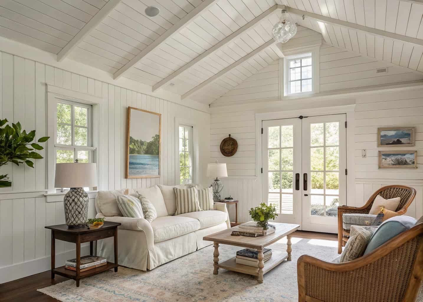 Bright living room with white painted tongue and groove plywood ceiling, cottage style interior, shiplap walls, vintage furniture, natural light from french doors, photorealistic interior photography, 4K quality, cozy home atmosphere