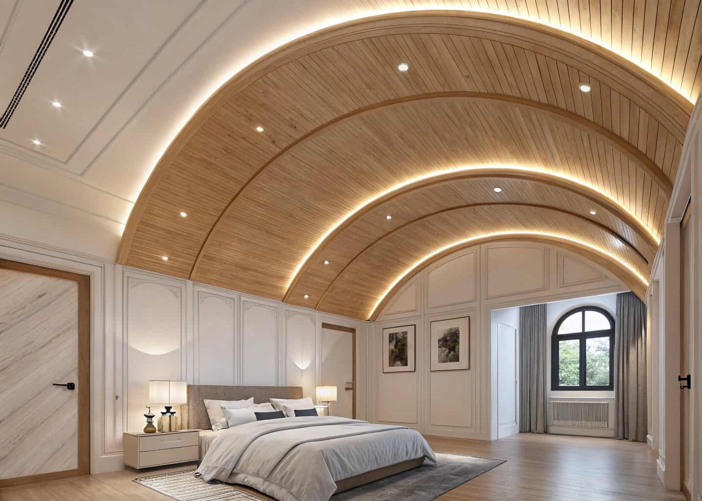  Bedroom with dramatically curved plywood ceiling creating an arched vault shape, smooth natural wood finish, soft recessed lighting along the curve, luxury minimalist interior, white walls, photorealistic 4K architectural render