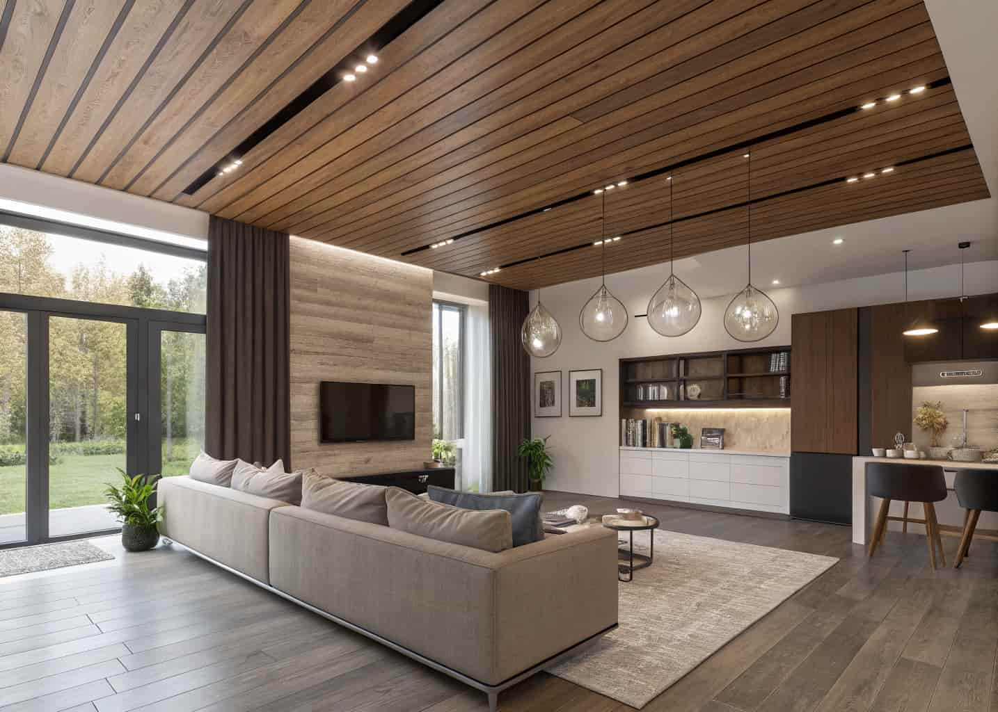 Open plan living room with two-tone plywood ceiling, alternating light oak and dark walnut wood strips, modern interior design, large sofa, pendant lights, neutral walls, photorealistic 4K photography, stylish contemporary home