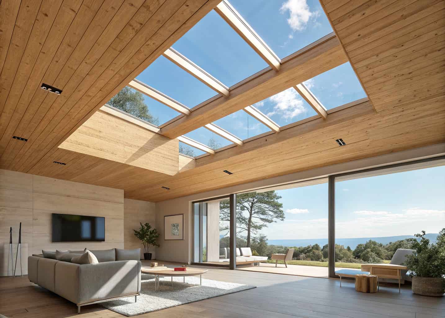  Modern living room with natural plywood ceiling featuring multiple rectangular skylights, bright blue sky visible through glass panels, warm wood tones, minimalist furniture, flooded with natural daylight, photorealistic 4K architectural photography