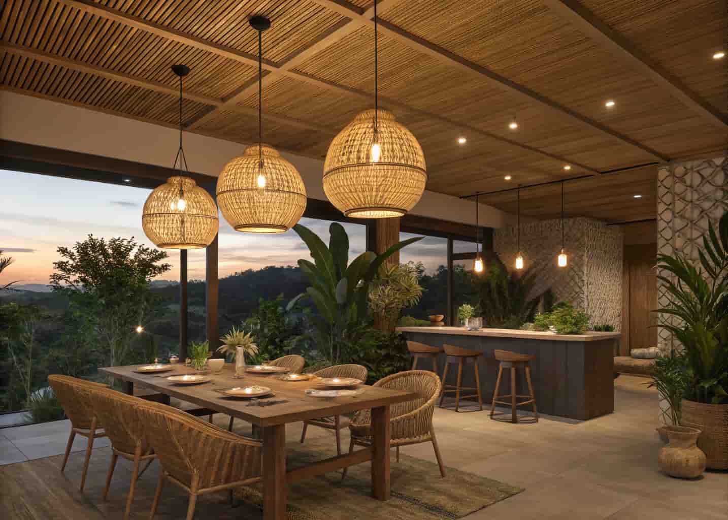 Dining area with warm plywood ceiling and multiple hanging rattan pendant lights at varying heights, bohemian modern interior, wooden dining table, plants, warm evening lighting, photorealistic 4K interior photography, cozy atmosphere